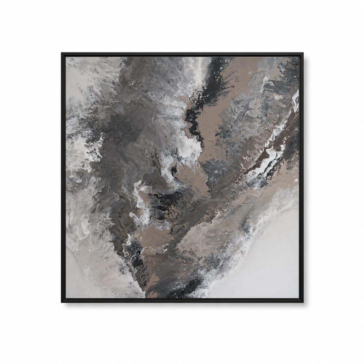 Marble Dreams abstract schilderij in zwart, taupe en wit met een zwarte baklijst.
