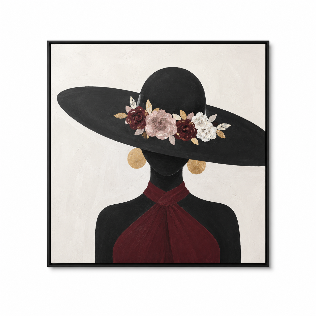 The Muse Collection schilderij Autumn Elegance met zwarte hoed, bloemen en bordeauxrode top.