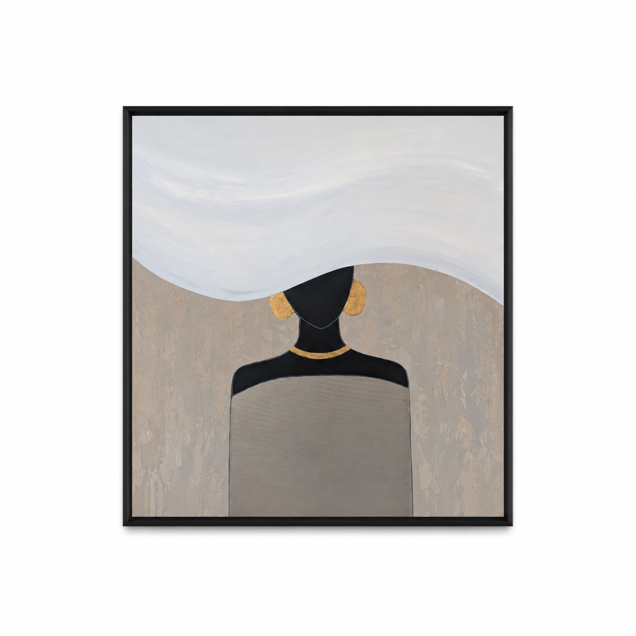 The Muse Collection minimalistisch schilderij Ivory Silence met witte hoedsluier en gouden accenten.